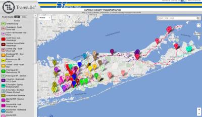 transloc application screen - a map of Suffolk County with pins for bus routes and locations